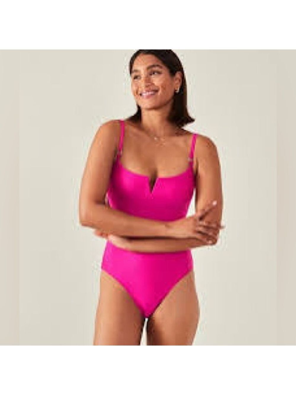 Ribbed V-Neck One Piece Pink Swimsuit Sz Large